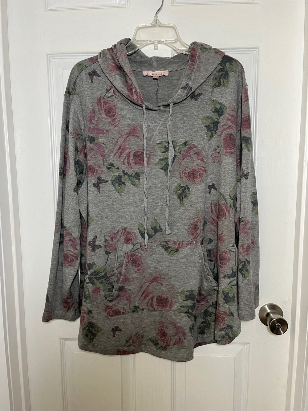 Philosophy Gray Hoodie with Subdued Pink Rose Print
